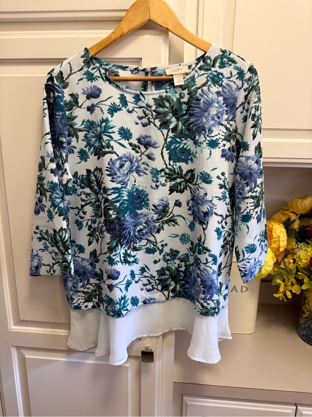 LOFT Blue and Teal Floral Tunic with White Layered Hem
